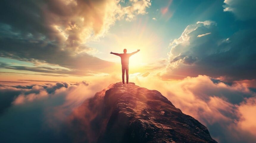 Person standing on mountain top with arms raised above clouds at sunrise