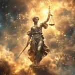 Lady Justice statue with scales against a cosmic starry background