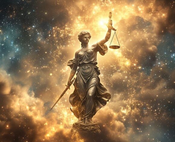 Lady Justice statue with scales against a cosmic starry background