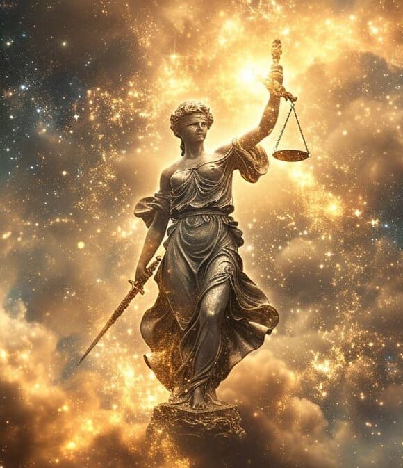 Lady Justice statue with scales against a cosmic starry background