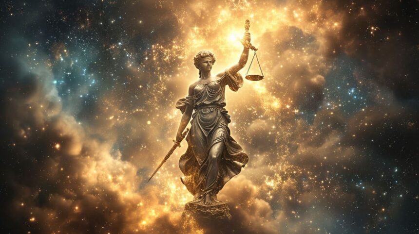 Lady Justice statue with scales against a cosmic starry background