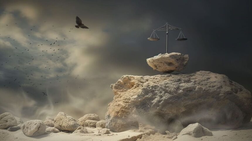 Scales of justice on rock formation with birds flying in dramatic cloudy sky