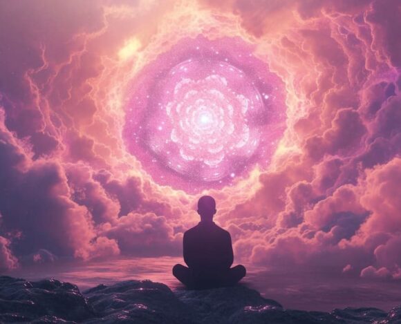 Person meditating in front of a cosmic spiral galaxy amidst pink and purple clouds