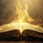 Enchanted open book with glowing magical flames on a dark mystical background