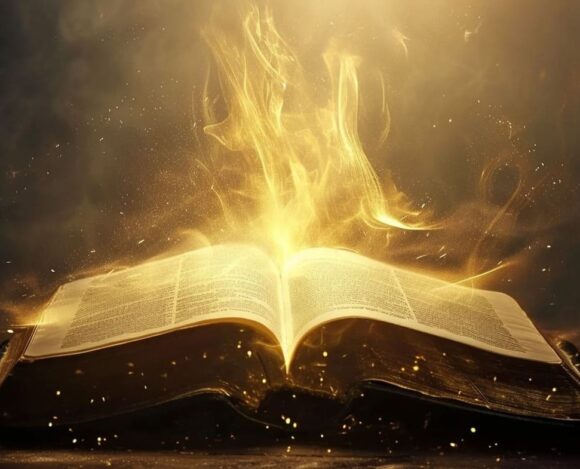 Enchanted open book with glowing magical flames on a dark mystical background