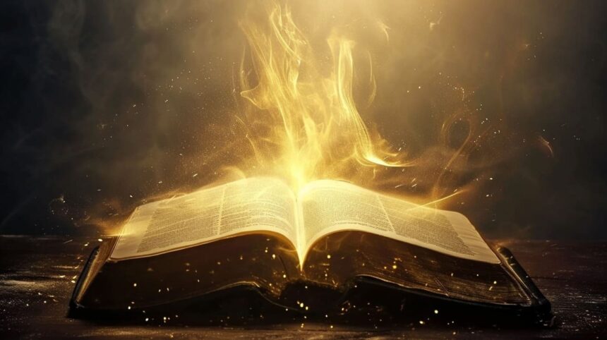 Enchanted open book with glowing magical flames on a dark mystical background
