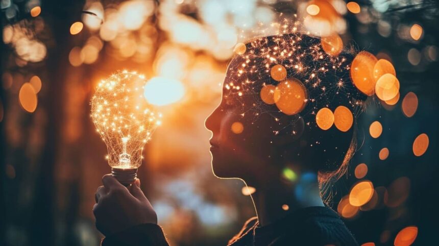 Silhouette of person holding illuminated light bulb with sparking ideas against sunset background with bokeh lights