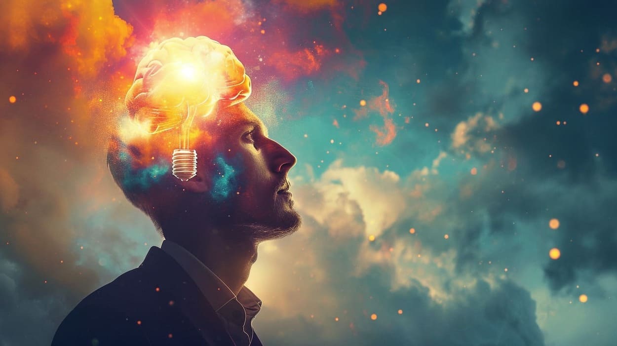 Creative concept of human brain power with light bulb, man in silhouette against cosmic sky with stars and nebulae.