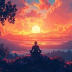 Person meditating on a mountain at sunset with vibrant orange clouds and reflection on water.