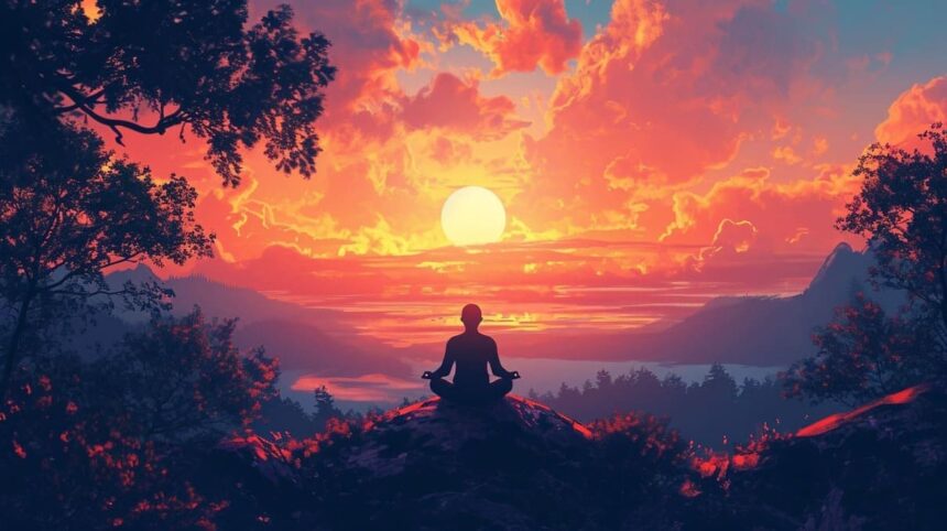 Person meditating on a mountain at sunset with vibrant orange clouds and reflection on water.