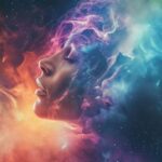 Woman's face blending with cosmic nebula clouds in a surreal space art concept.