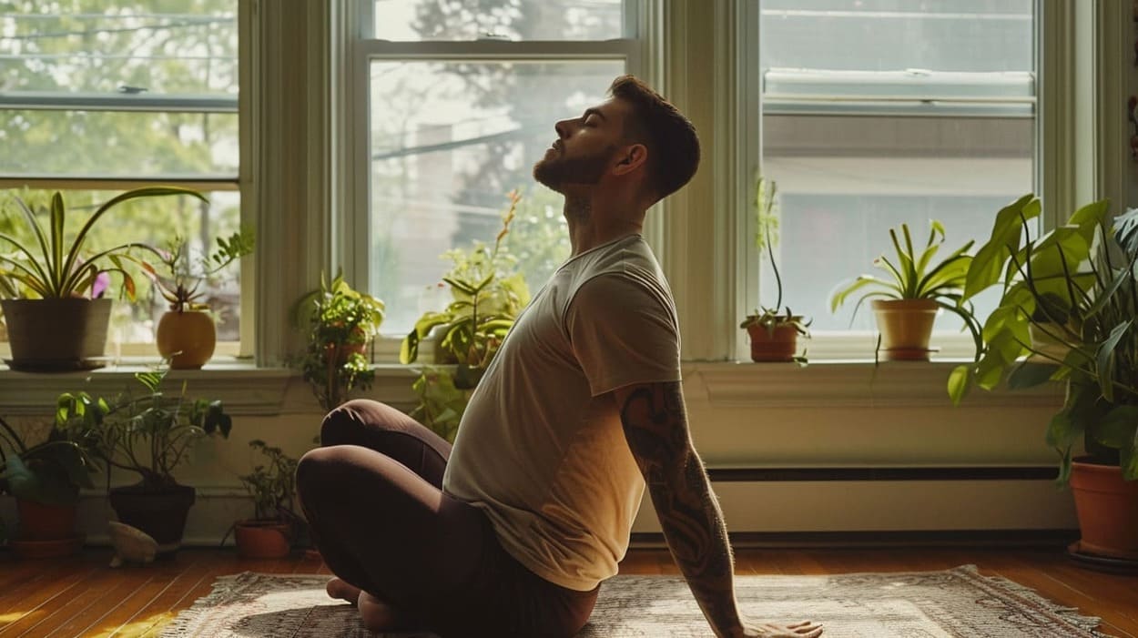 Man practicing yoga in a sunlit room with houseplants