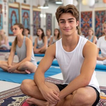 Young man smiling in yoga class with group of people practicing meditation in background