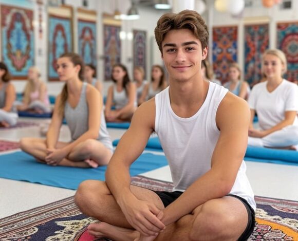 Young man smiling in yoga class with group of people practicing meditation in background