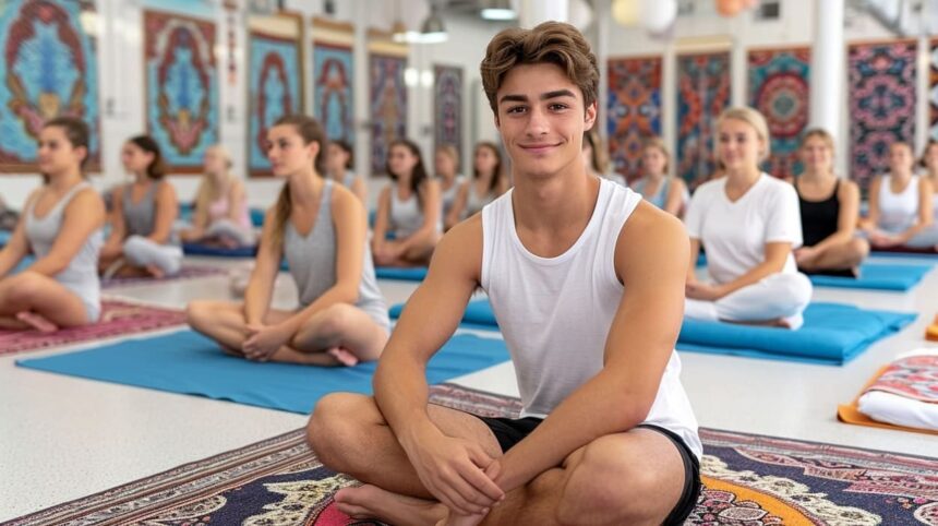 Young man smiling in yoga class with group of people practicing meditation in background