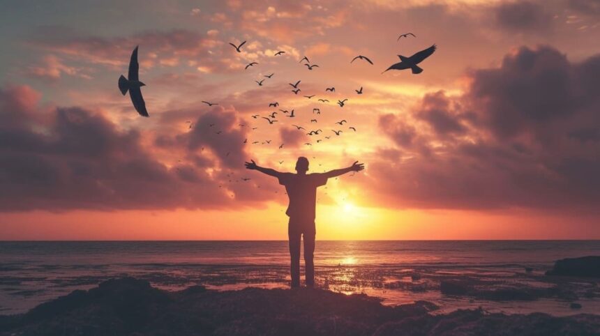 Person with outstretched arms standing on the beach at sunset with birds flying in the sky.