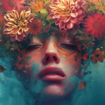 Surreal portrait of a woman with floral crown and butterflies on a vibrant painted background.