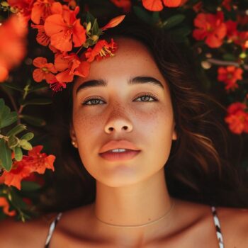 Portrait of a young woman with freckles surrounded by orange flowers