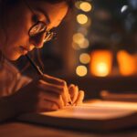 Woman studying late at night with focus and concentration, illuminated by warm desk lamp light