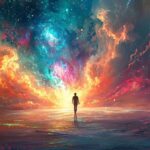 Silhouette of person standing before vibrant cosmic scenery with fiery nebulas and starry night sky