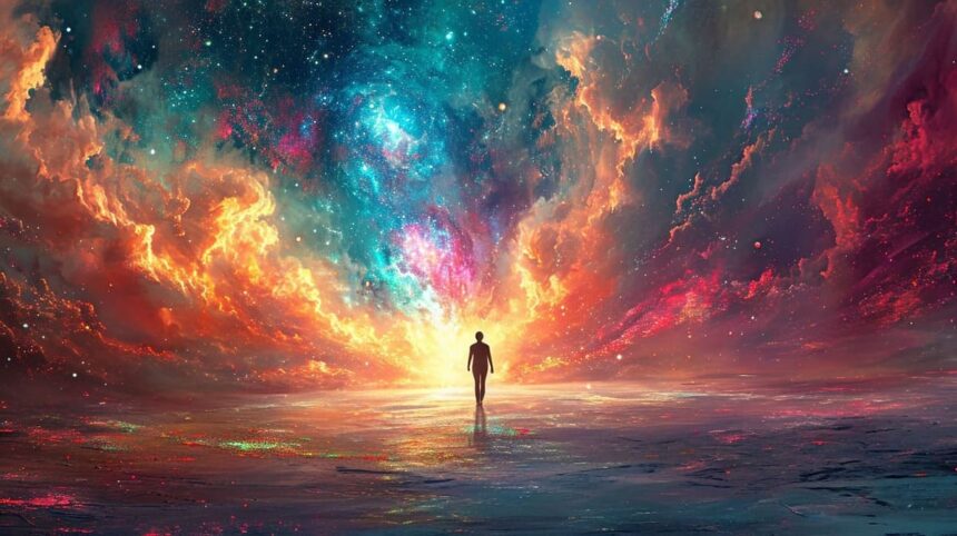 Silhouette of person standing before vibrant cosmic scenery with fiery nebulas and starry night sky