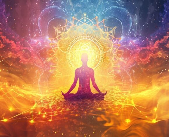 Meditation concept with silhouette in lotus position against colorful cosmic background with energy lines and sacred geometry.