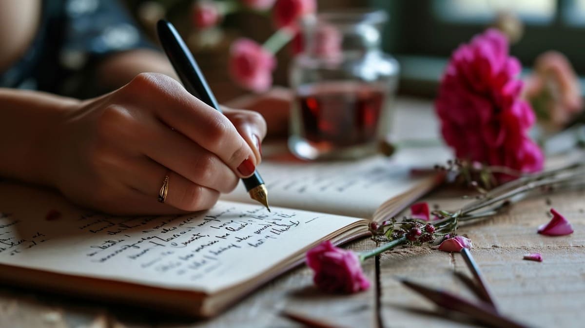 Person writing in journal with fountain pen surrounded by pink roses and tea on wooden table