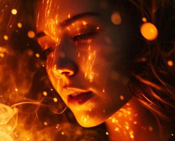 Close-up of a woman surrounded by warm glowing lights creating a mystical atmosphere.