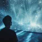 Person silhouetted against a backdrop of immersive light show simulating a starry night sky