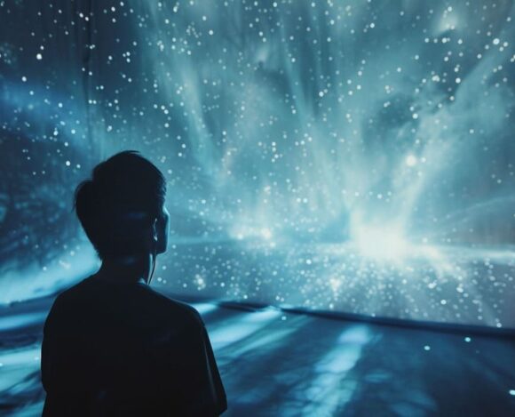 Person silhouetted against a backdrop of immersive light show simulating a starry night sky