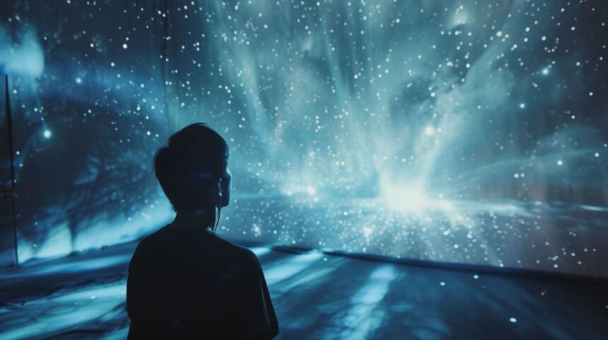 Person silhouetted against a backdrop of immersive light show simulating a starry night sky