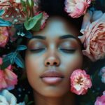 Woman surrounded by flowers with eyes closed in peaceful expression