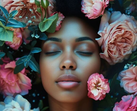 Woman surrounded by flowers with eyes closed in peaceful expression