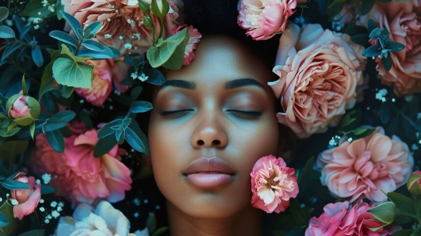 Woman surrounded by flowers with eyes closed in peaceful expression