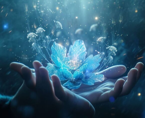 Glowing blue flower on hands with magical particles floating around in a dark mystical setting.