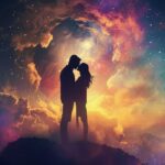 Silhouette of couple embracing against vibrant cosmic sky with stars and nebula clouds.