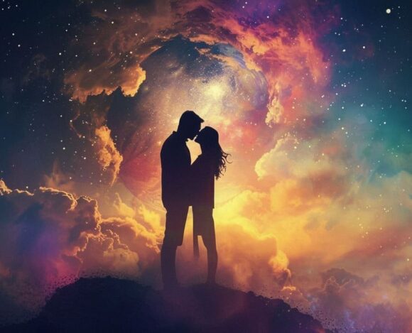 Silhouette of couple embracing against vibrant cosmic sky with stars and nebula clouds.