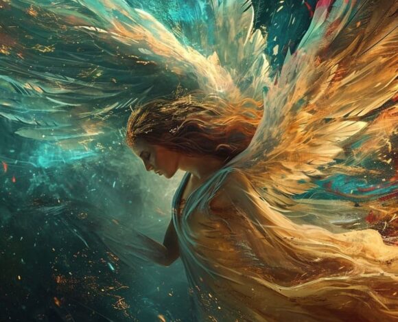 Fantasy angel with majestic wings in dynamic and colorful celestial artwork