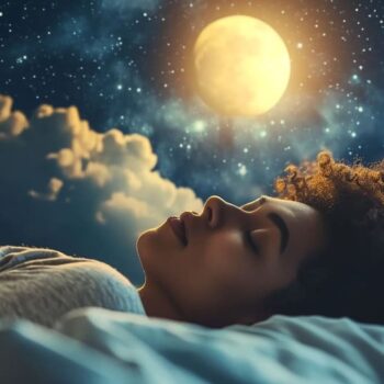 Woman sleeping peacefully under starry night sky with full moon.