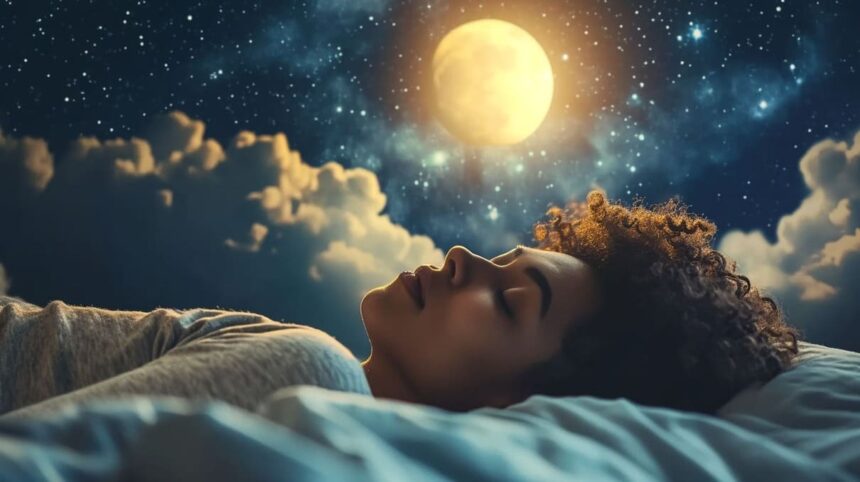 Woman sleeping peacefully under starry night sky with full moon.