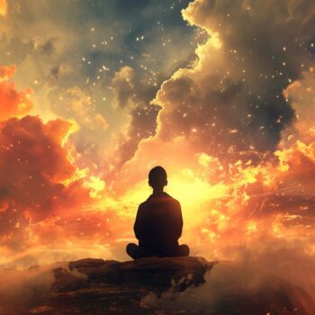 Silhouette of person meditating on mountain top with dramatic sunset cloudscape background.