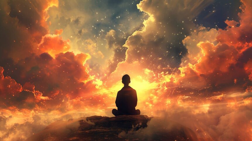 Silhouette of person meditating on mountain top with dramatic sunset cloudscape background.