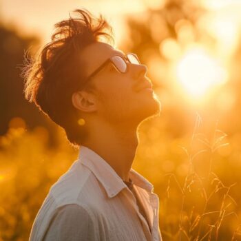 Young man enjoying sunset in a field of tall grass with warm golden light.