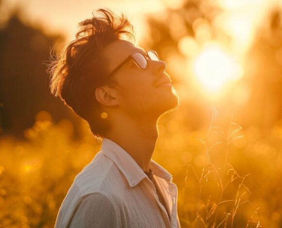 Young man enjoying sunset in a field of tall grass with warm golden light.