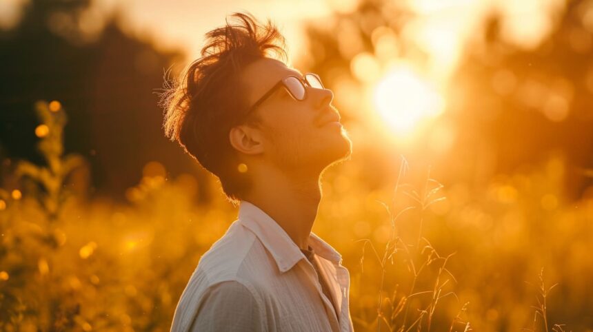 Young man enjoying sunset in a field of tall grass with warm golden light.
