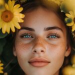 Young woman surrounded by sunflowers showing natural beauty and summer vibes
