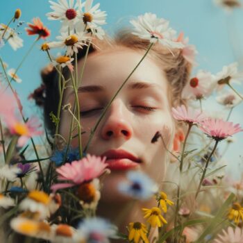 Young woman enjoying nature surrounded by colorful wildflowers with a serene expression against a clear blue sky.