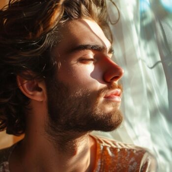 Young man enjoying sunlight near window with eyes closed and serene expression.