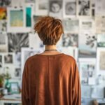 Woman in brown sweater looking at wall covered with artistic photos and sketches in a creative workspace.