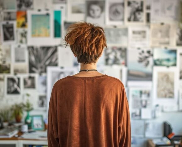 Woman in brown sweater looking at wall covered with artistic photos and sketches in a creative workspace.